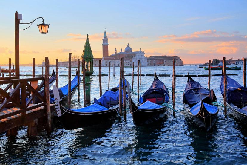Gondolas in front of the Piazzetta at the lagoon, behind island San Giorgio, Venice, Italy, Europe
