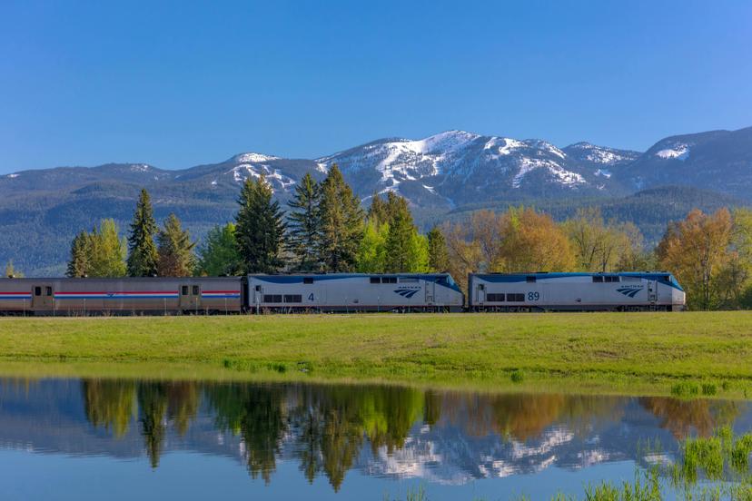 WAKD32 Empire Builder AMTRAK passenger train rolls into Whitefish, Montana, USA