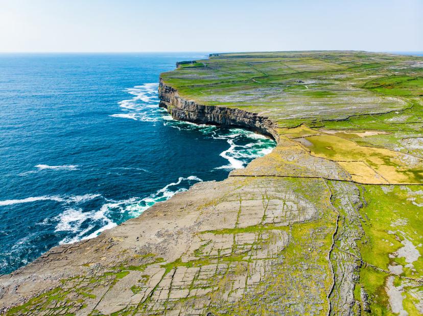 Aerial of the Inishmore (or Inis Mor) coast, the largest of the Aran Islands in Galway Bay.