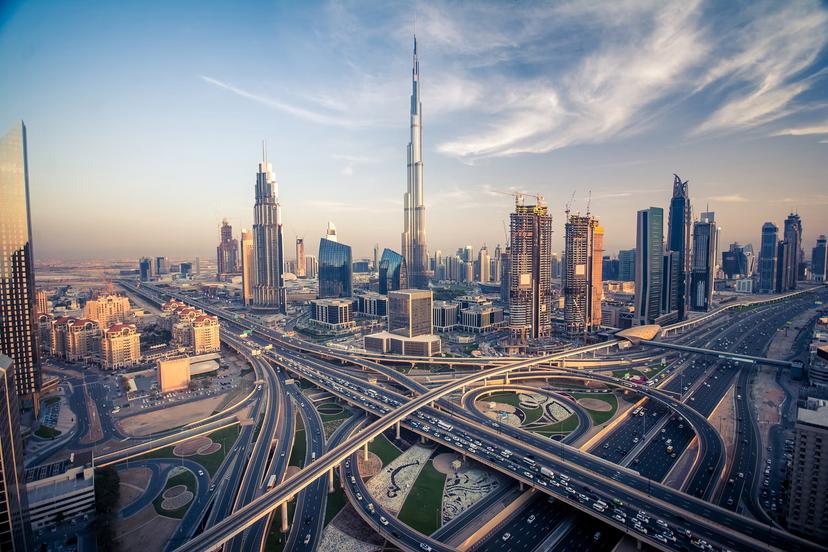 Dubai skyline with beautiful city close to it's busiest highway on traffic