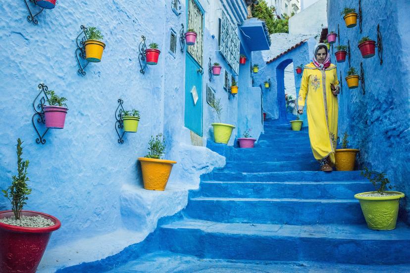Blue steps and walls on a street in Chefchaouen, Morocco