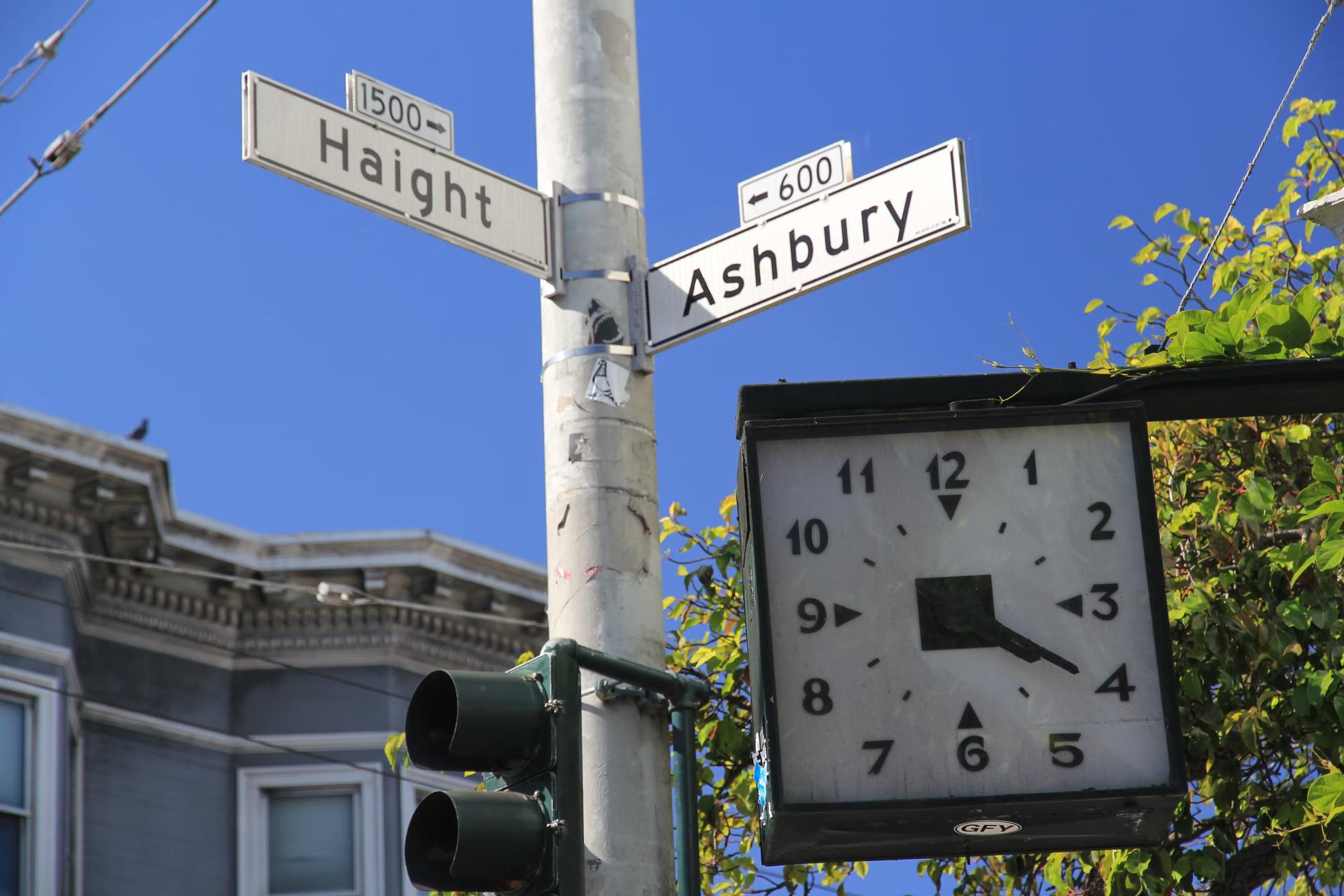 Haight Ashbury intersection sign with 4:20 clock