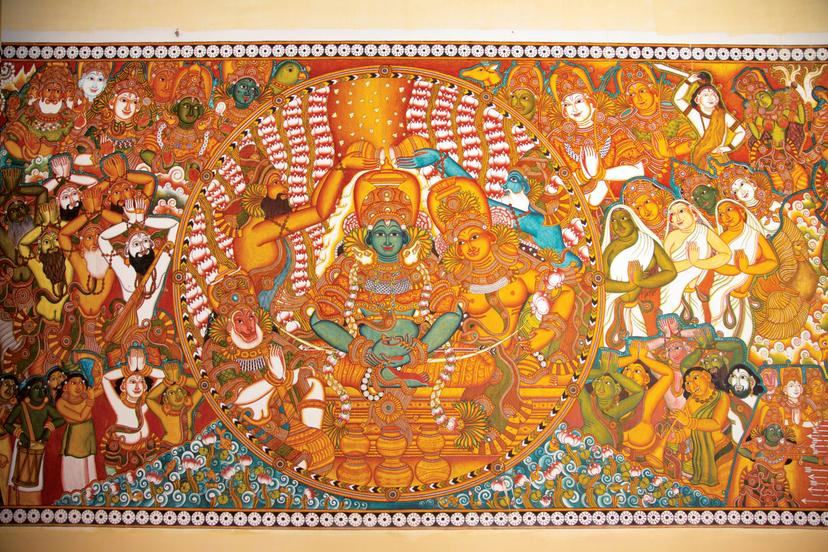 A vibrant wall mural on the coronation of Rama at Sri Thirumoozhikkalam Temple, Ernakulam in Kerala. ©108 Divya Desams/Niyogi Books