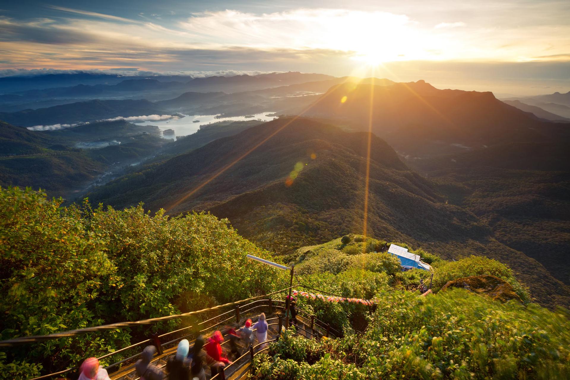 Valley view with villages and mountains at sunrise. View from Adam's peak.