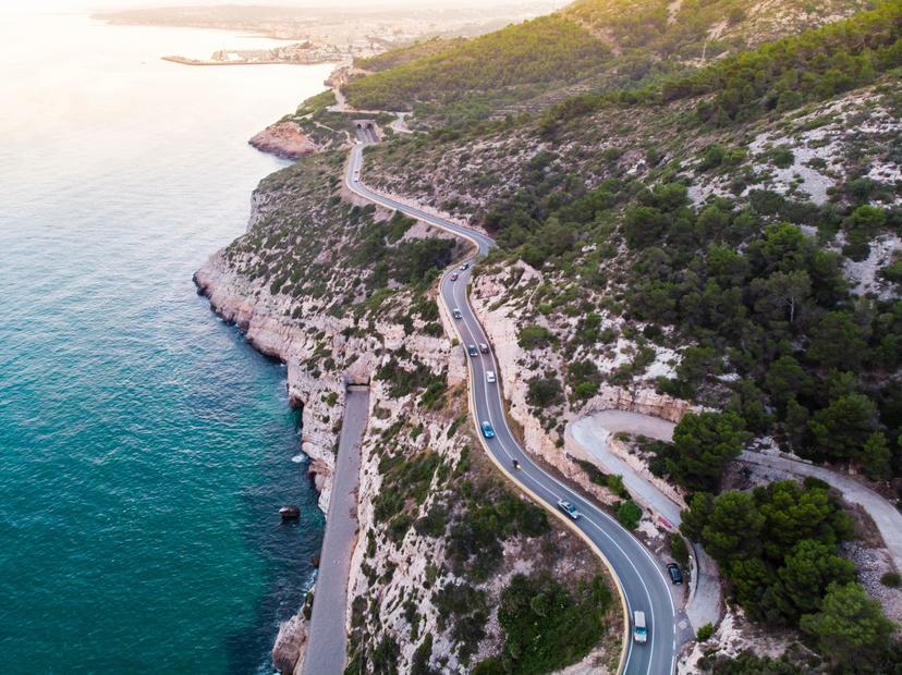 Garraf coast is a dangerous road between the cliffs over the sea with curves and extreme terrain in the south of Barcelona.