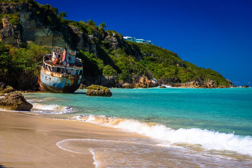 Shipwrecks lay in ruins on the shores of Sandy Ground Beach, on the island of Anguilla in the Caribbean. (3415)