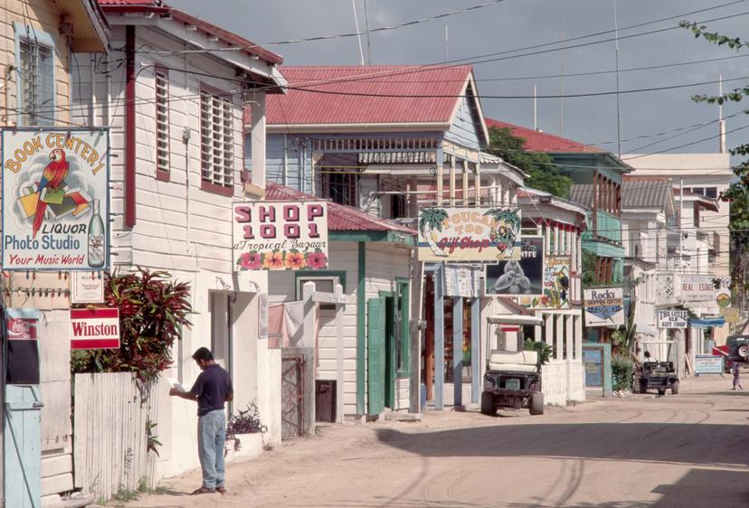 Shops line a street in San Pedro on Ambergris Caye, Belize.