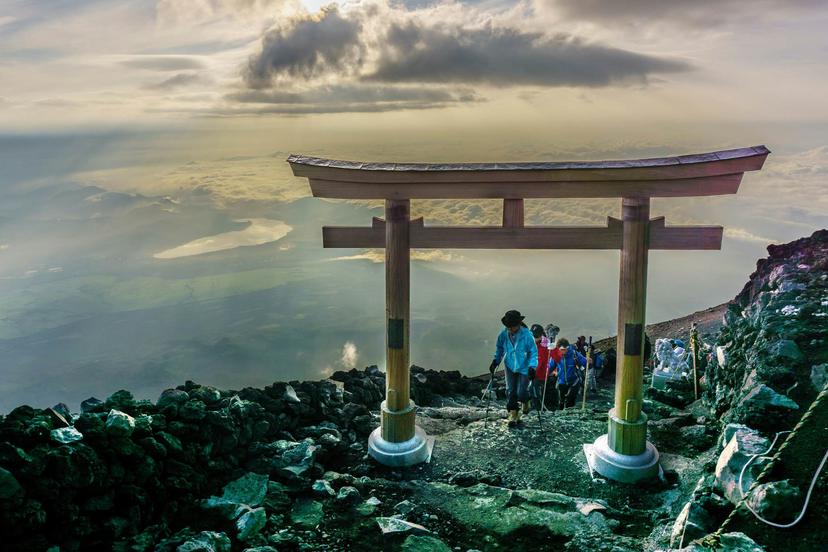 MOUNT FUJI, YAMANASHI, JAPAN - July 25, 2017 : Torii on top of Fuji mountain . Fuji is highest mountain in Japan at 3,776 m, symbol of Japan .