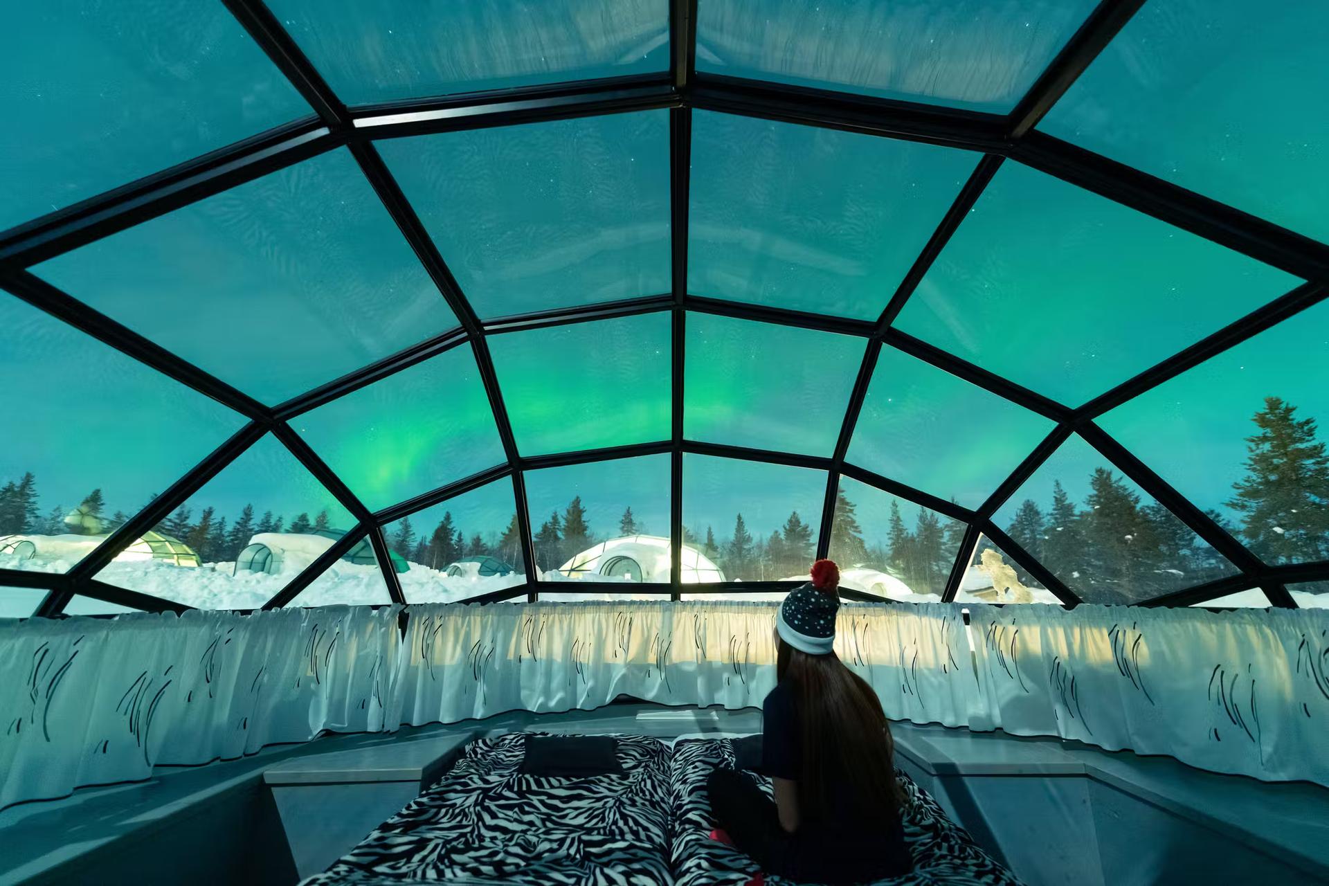 Aurora borealis shining in the night sky seen from Glass Igloos.