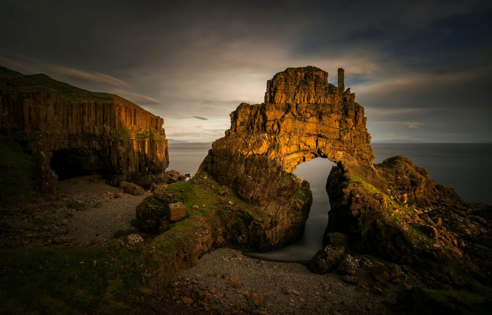 The rock formations of Carsaig Arches at sunset, Isle of Mull, Scotland, United Kingdom