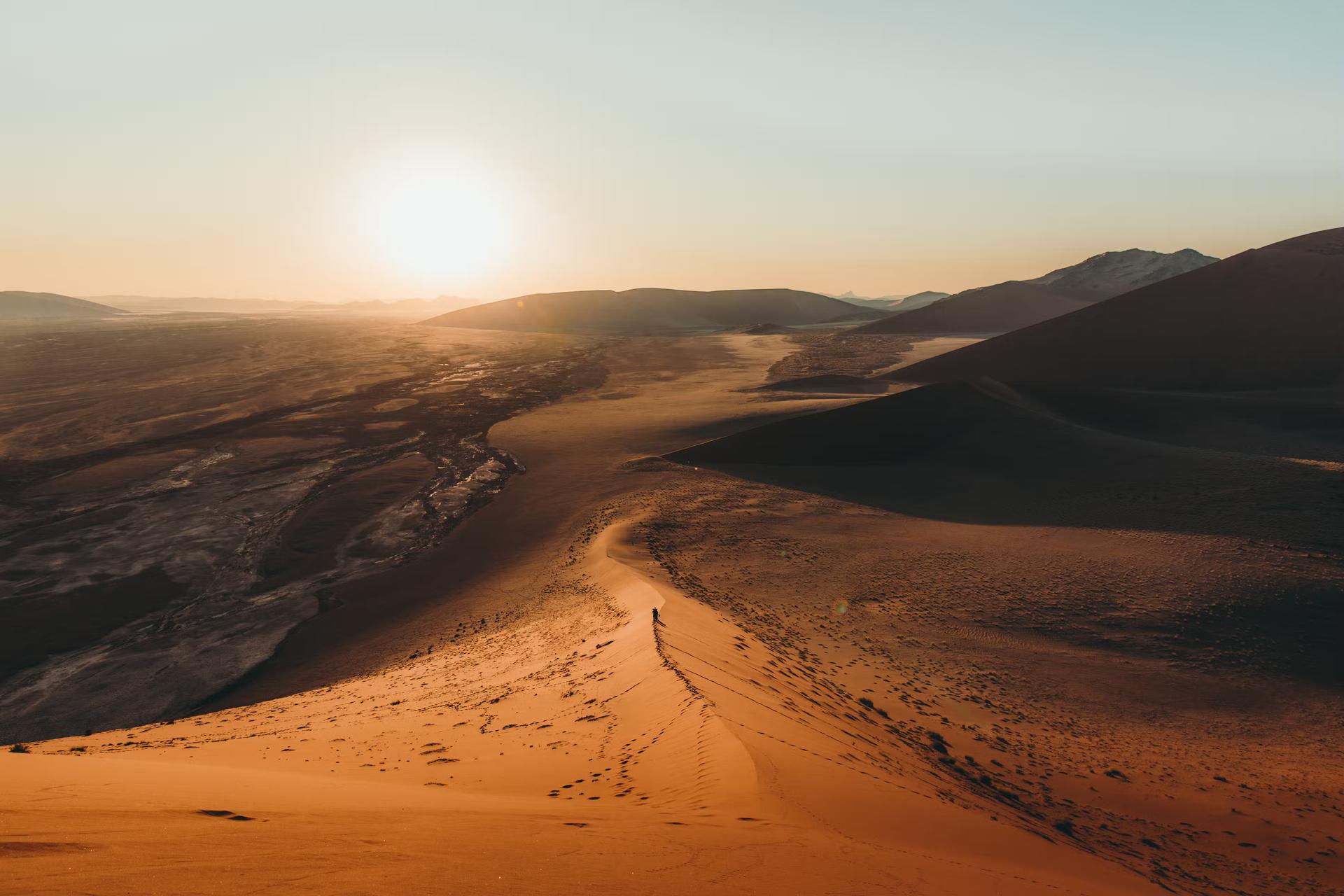 En solo skuggfigur på stora röda sanddyner i den namibiska öknen