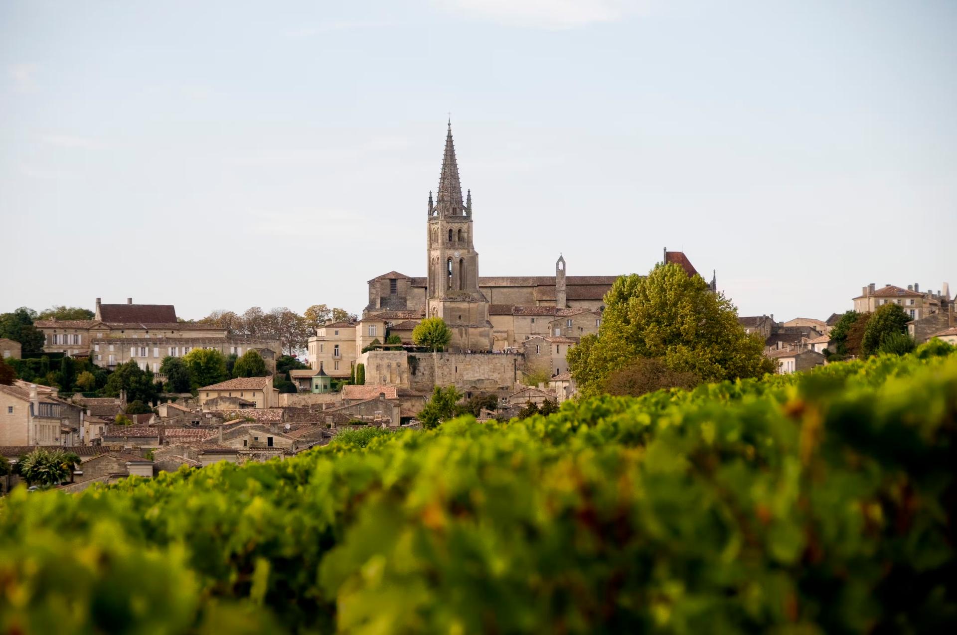 Spira av en katedral i den medeltida byn St-Émilion, Frankrike, reser sig över grönskan