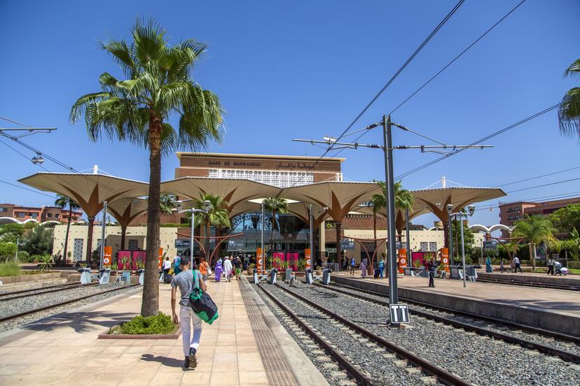 MARRAKESH, MOROCCO - SEPTEMBER 11, 2014: Unidentified people on train station in Marrakesh, Morocco. Station was opened in August 2008 and now is southern end-point of the Moroccan railway system.; Shutterstock ID 223982848; your: Sloane Tucker; gl: 65050; netsuite: Online Editorial; full: Morocco Getting Around Article