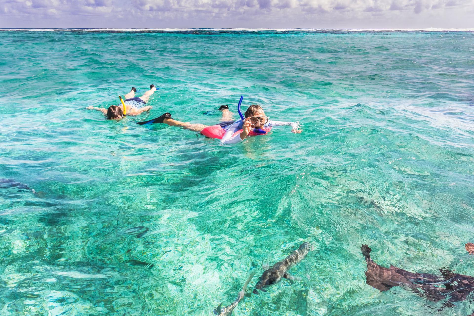 People snorkeling in clear turquoise waters at the reef near Caye Caulker in Belize