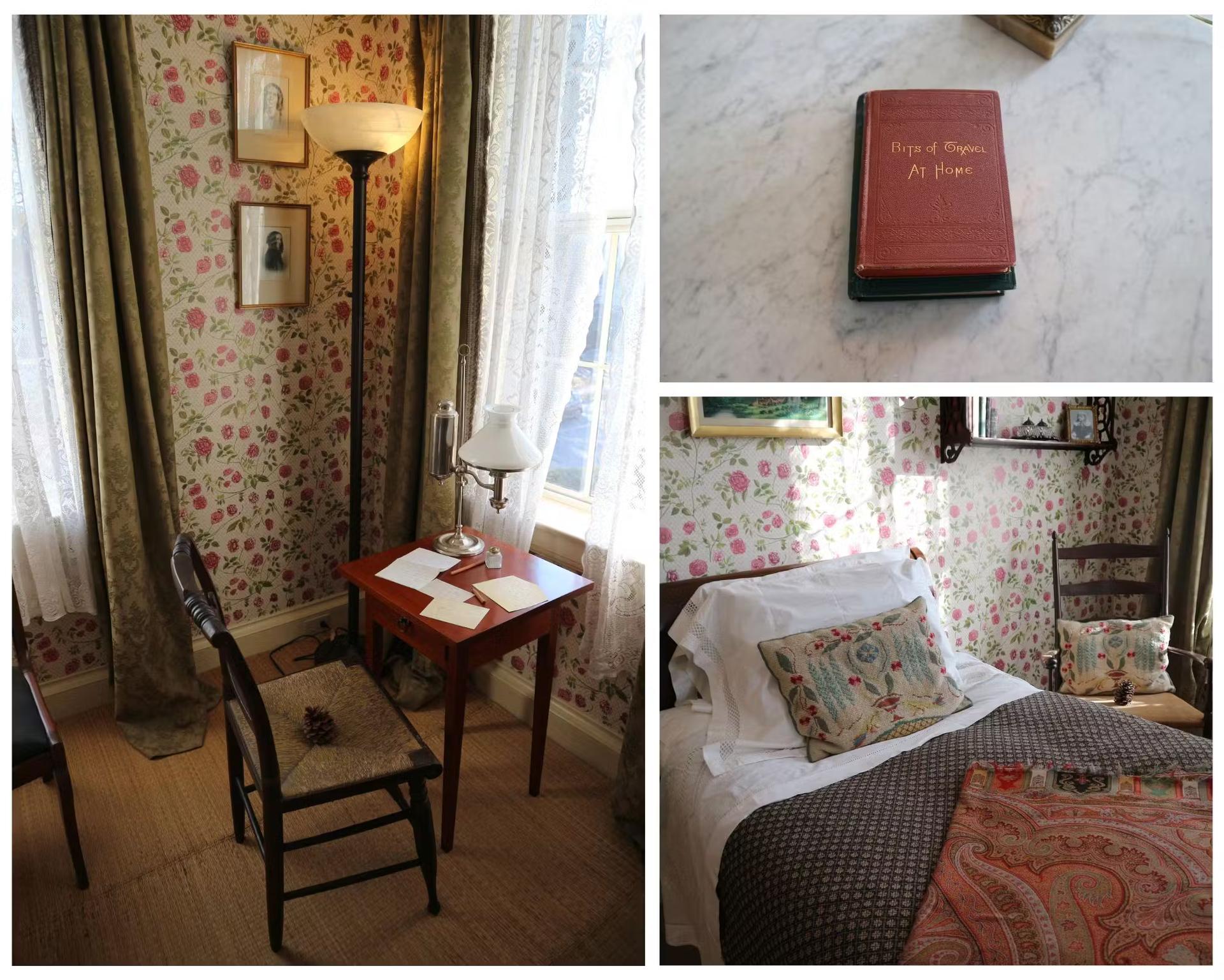 A collage shows a Victorian-style bed, book and desk in Emily Dickinson's home.