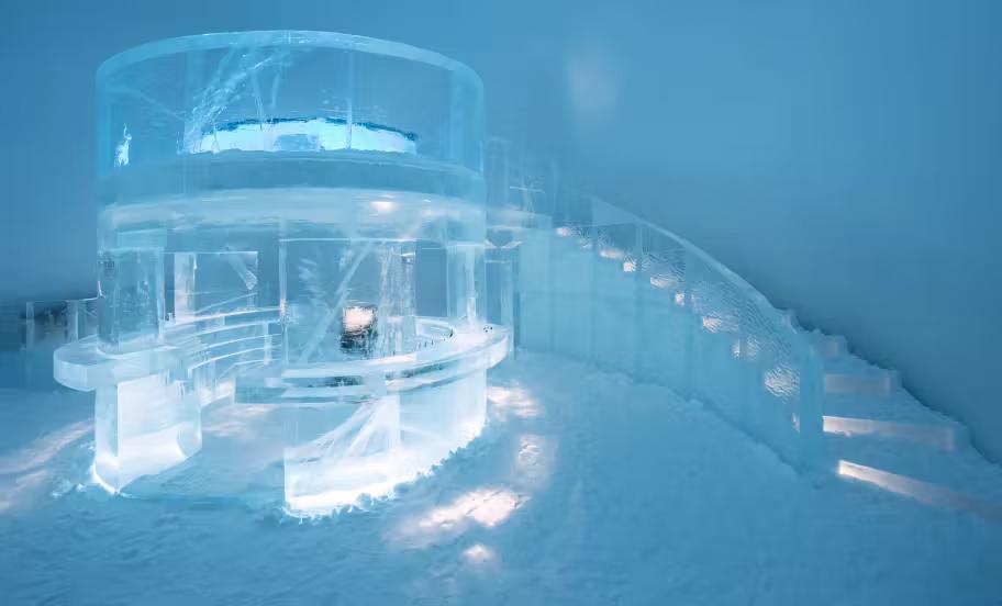 The Icebar, made from blocks of ice, at Icehotel, Jukkasjärvi, Sweden