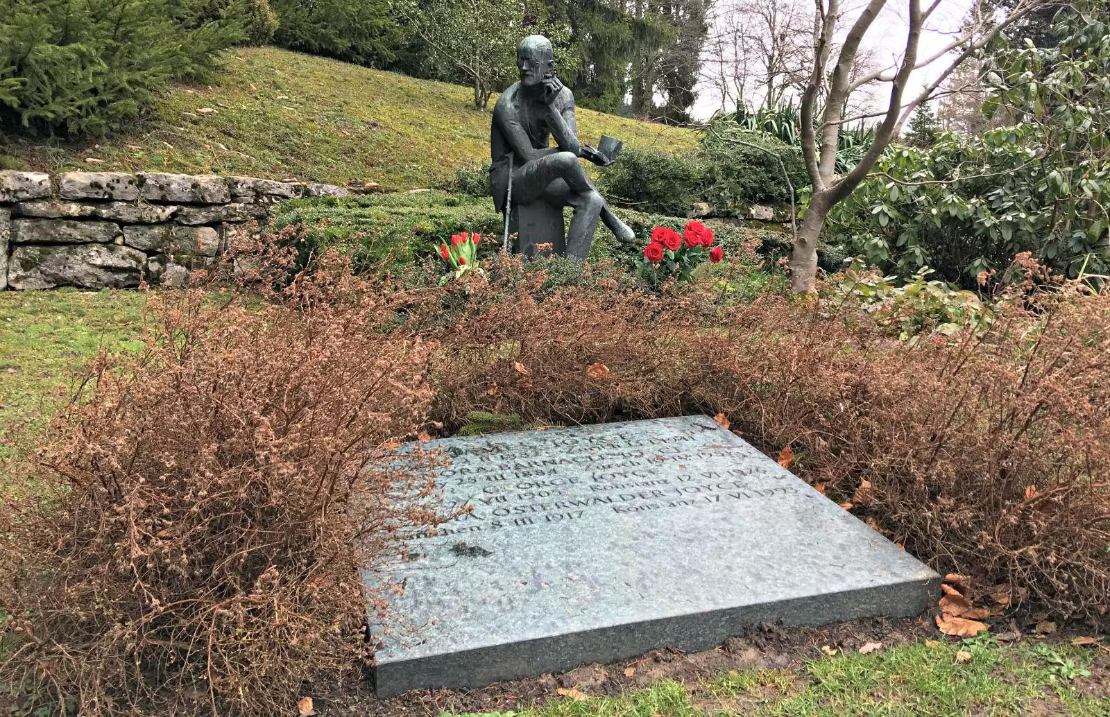 The grave of James Joyce in Zürich, Switzerland, complete with a statue of the author himself