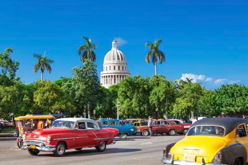 The dome of El Capitolio stands above trees and vintage cars.