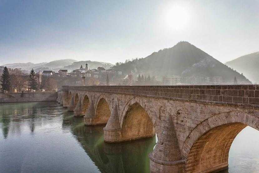 Visegrad town and Old Stone Bridge on the Drina work of Mehmed Pasha Sokolovic