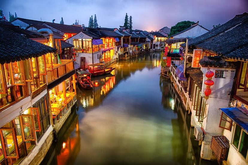 Zhujiajiao water town lit up at night