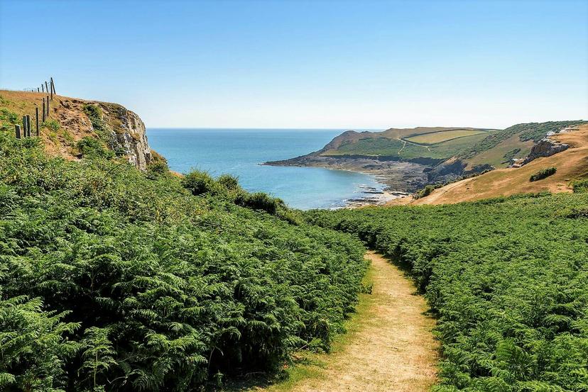 A path leads down to a stretch of coast in Wales