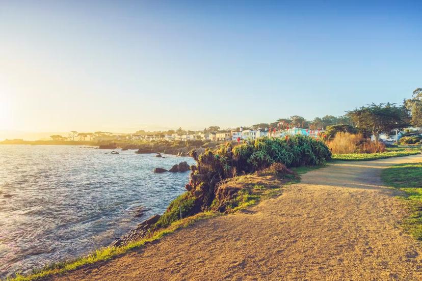 a sandy path leads past a rocky shoreline lined with wild fauna with stately homes in the background in Monterey, California