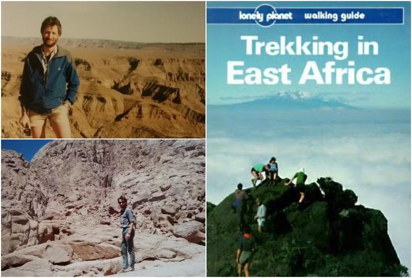(Clockwise from left) David in Namibia in 1991; Lonely Planet's Trekking East Africa guidebook and David in Egypt in 1989.