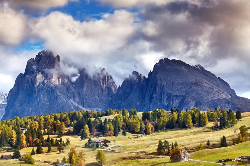 The contrasting landscapes of the Alpe di Siusi in the South Tyrolean Dolomites
